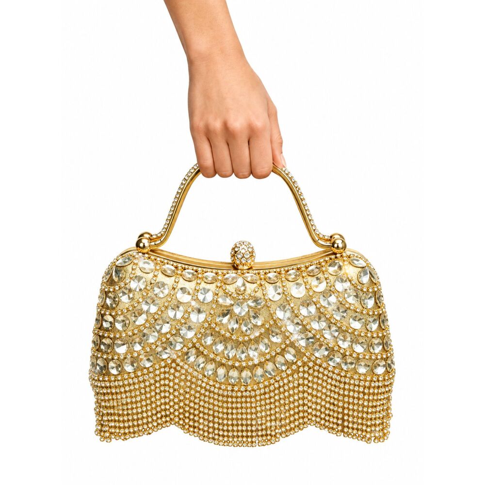 NEW Gold Crystal Fringe Rhinestone Clutch Beaded Purse & Crossbody